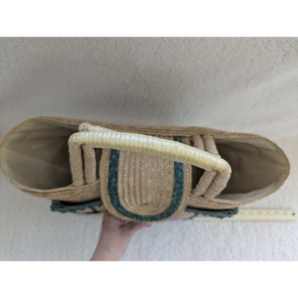 Vintage 1960’s Straw Bag Woven Floral Raffia Tote Handbag Travel Beach Bag - Picture 6 of 11